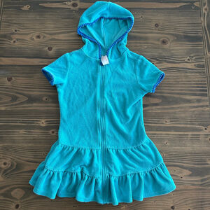 Cat & Jack Teal Hooded Swim Coverup Girls XS 4/5 Terry Cloth Zip Pool Beach